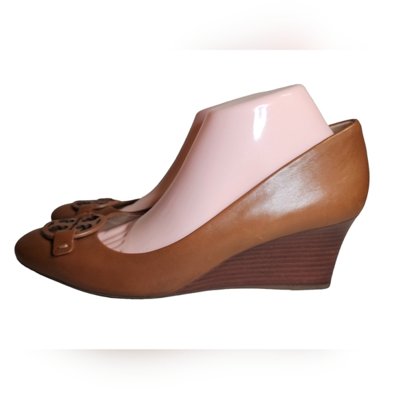 TORY BURCH BROWN LEATHER REVA LOGO WEDGE PUMP SZ US 11M - Picture 3 of 15